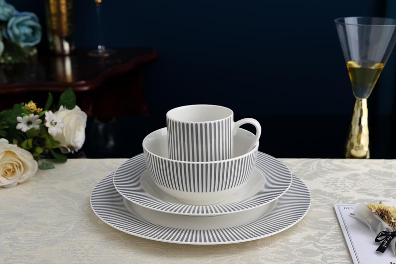 RAH-I0015 New Bone China In-glaze Dinner Set 16pcs with Light Gray Stripe Decal 