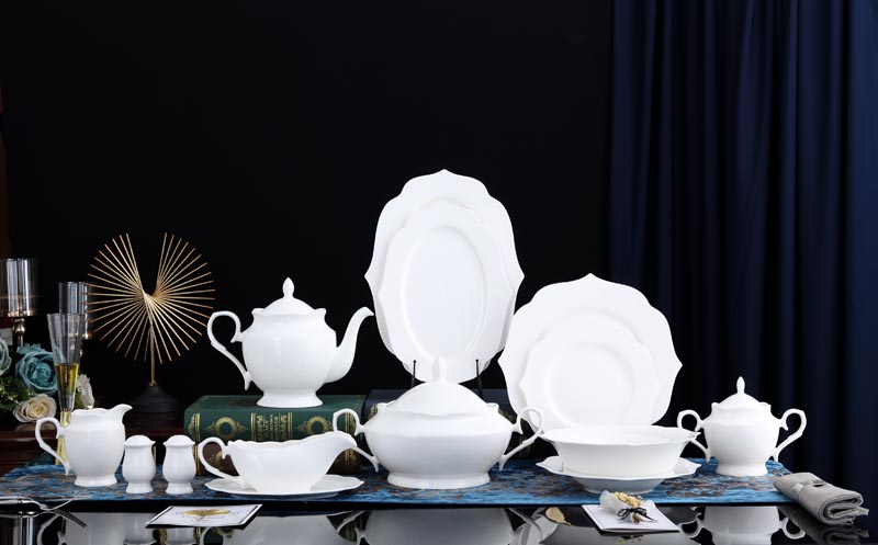 RAH-BD003 New Bone China Plain White Dinnerware Set with Lotus Rhyme Style 