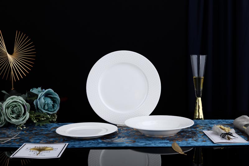 RAH-BD010 New Bone China Plain White Dinnerware Set with Rice Grains Relievo 