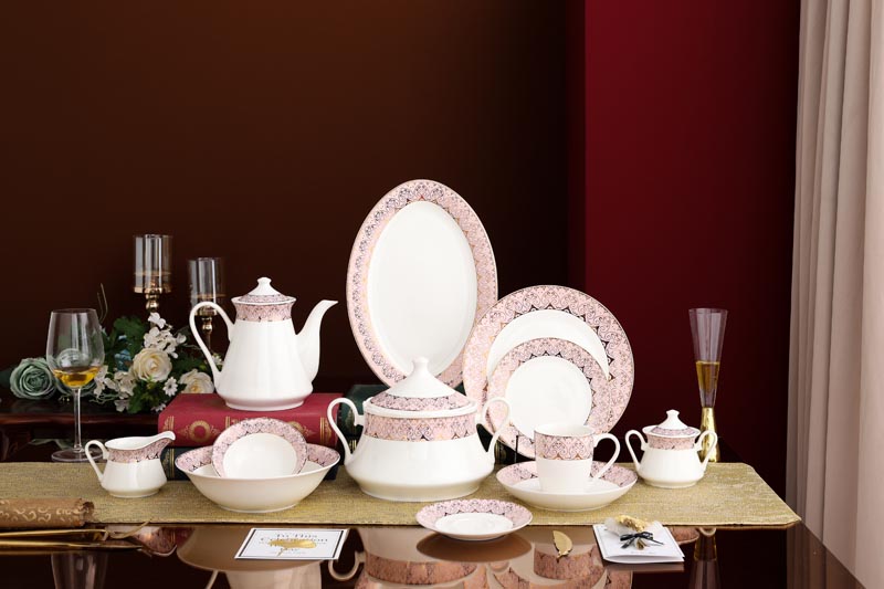 RAH-G0005 New Bone China Rose Gold Peach Shaped Decal Dinnerware Set