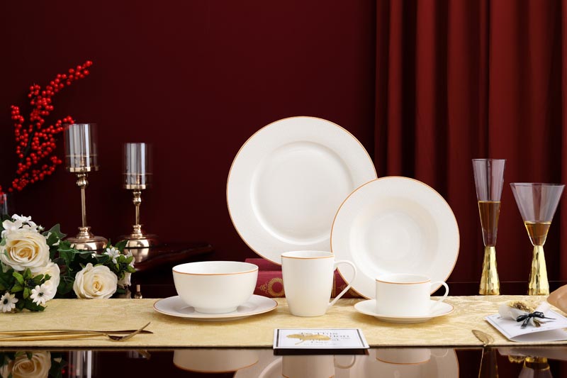 RAH-I0004-2 New Bone China Plain White In-glaze Dinnerware Set with Trifurcated Block Pattern Decal