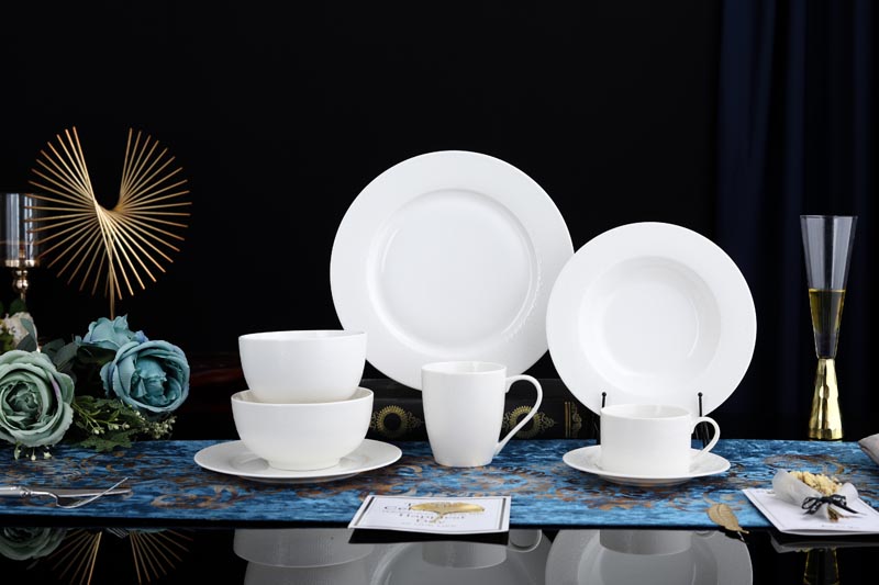 RAH-I0003 New Bone China In-glaze Plain White Dinnerware Set with Rhombus Relievo Decoration